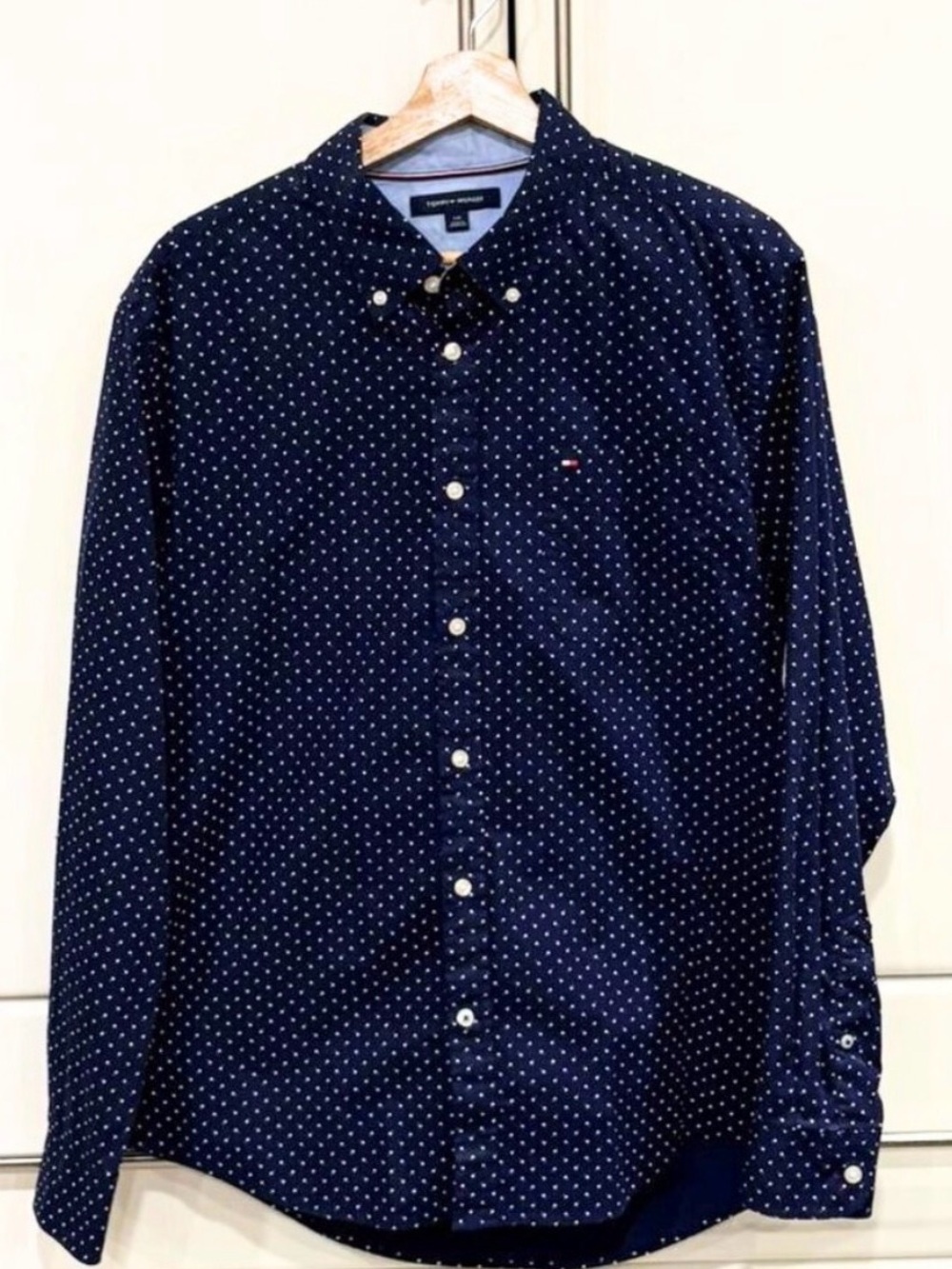 Tommy Hilfiger Navy Micro Dot Button Down Shirt Mens Large Classic Fit Logo